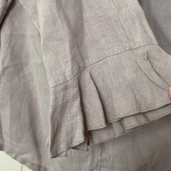 bryn WALKER Linen V-Neck Flutter Bell Sleeve Top Muted Clay Gray Boxy Lagenlook - Picture 2 of 7